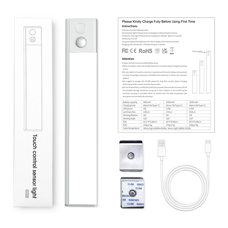 Éclairage d'ameublement à piles rechargeables RoHS avec capteur de mouvement automatique LED en gros pour armoire de chevet à domicile