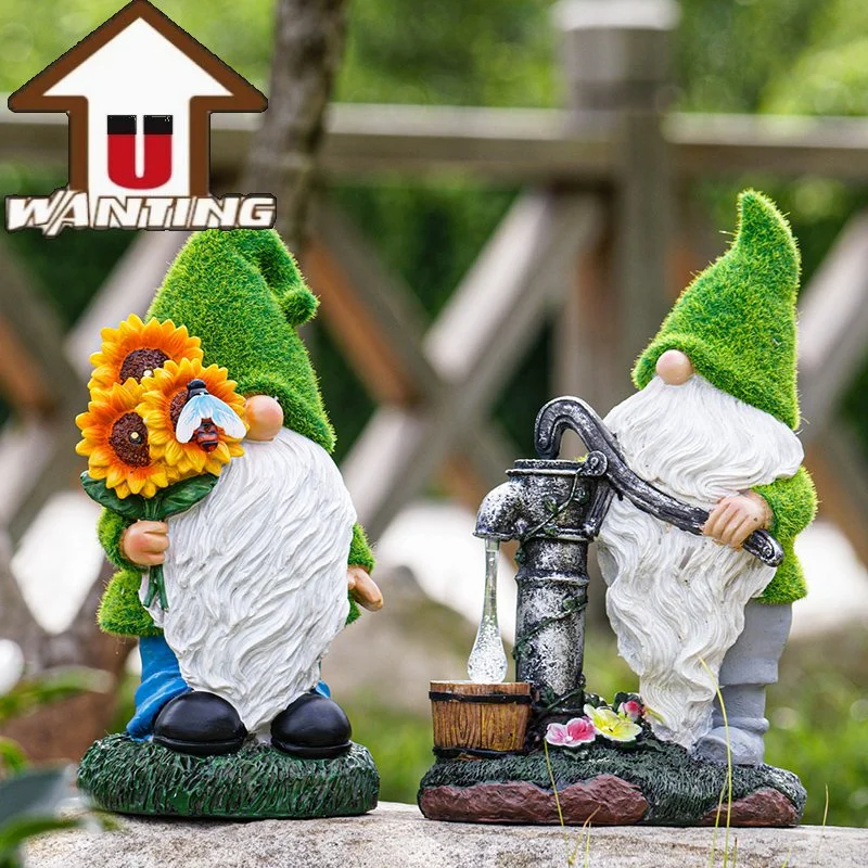 Harz Fairy Garden Kunstrasen Gnome Pressing Wasser Hausdekoration Solarlicht