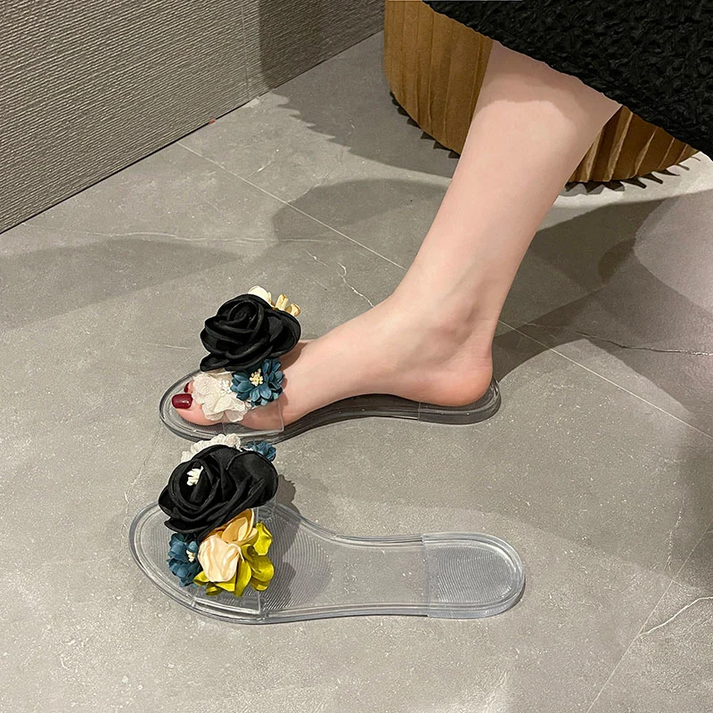 Chaussons en gelée à plateforme transparente en cristal de camélia pour dames