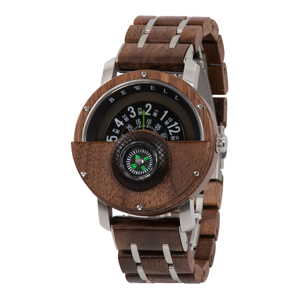 Luxury Wood with Steel Band Compass Case Stainless Steel Case Back Wood Watch