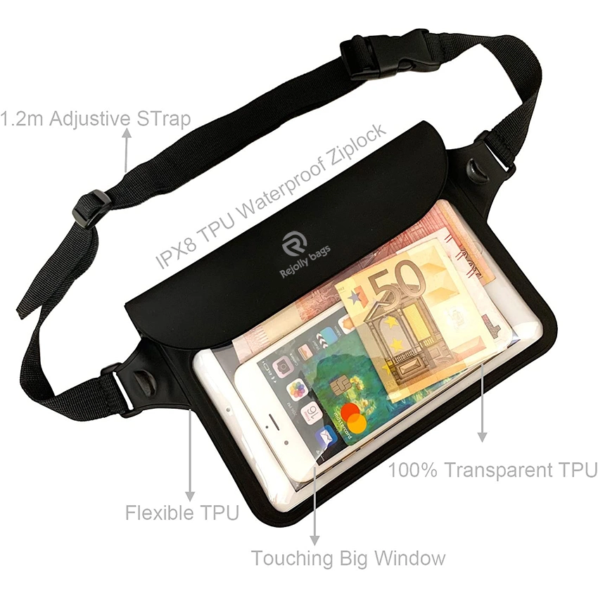 Wasserdichte Tasche mit Screen Touch-Taillenbund und verstellbarem Trageriemen Ihr Telefon Kindle Wallet Geld Wertsachen Dry Bags