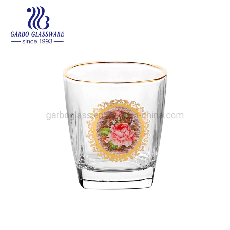 6oz Wedding Gift Wine Glass Tumblers with Gold Rim and Decal and Square Bottom