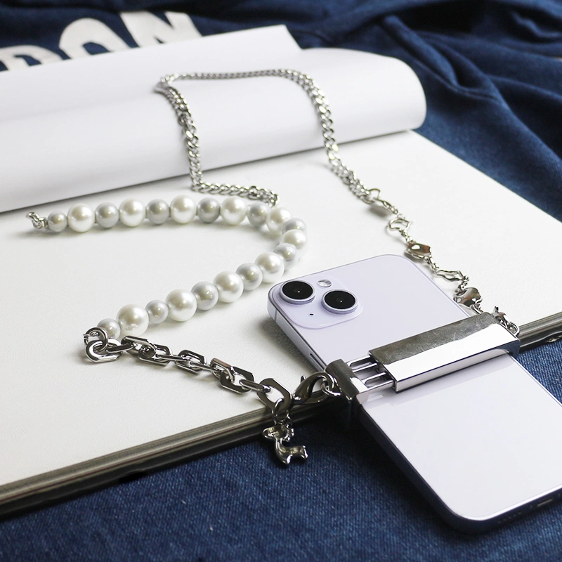 White Pearl Phone Clip Universal Heart Shape Pearl Crossbody Strap Phone Case Accessories