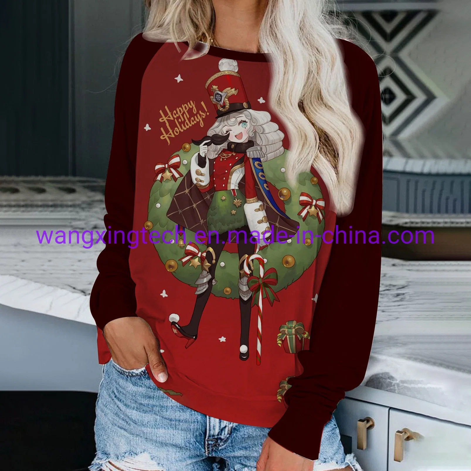 Großhandel 2022 Herbst und Winter Neue Frauen Weihnachtsjacke Druck 3D Pullover Lässiges Langarm-Shirt mit Rundhalsausschnitt