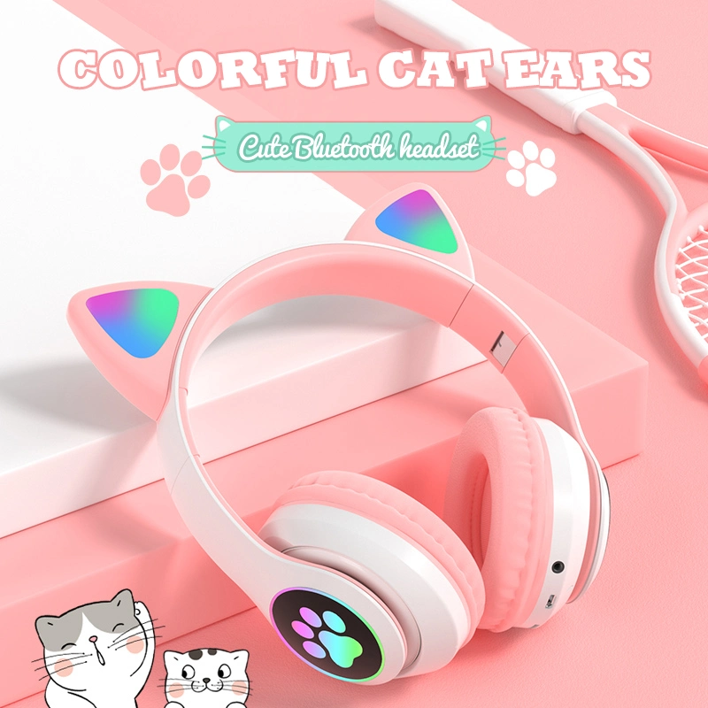 Cute LED Glowing Cat Ear Heavy Bass Stereo Wireless 5.0 Overhead Headphone with Mic for Childern Gift