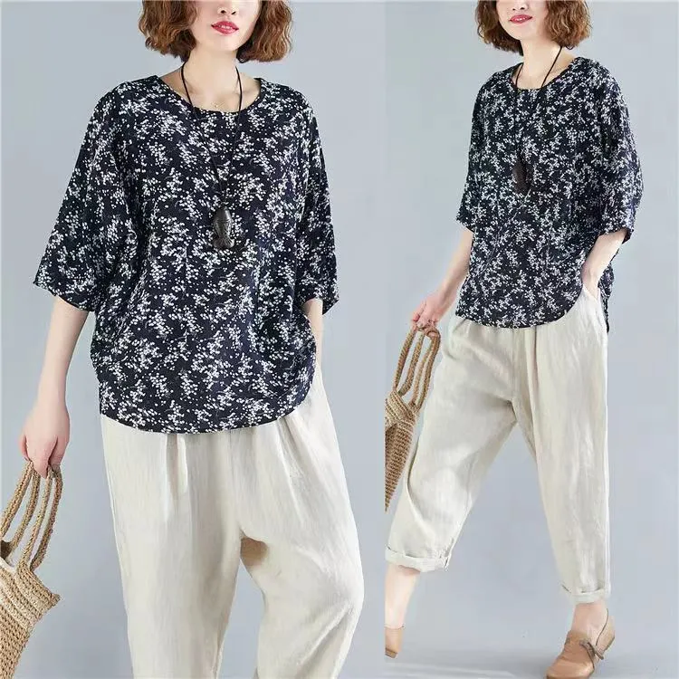 Summer Fashion Women's Woven Cotton/Linen Printed Shirt Blouse