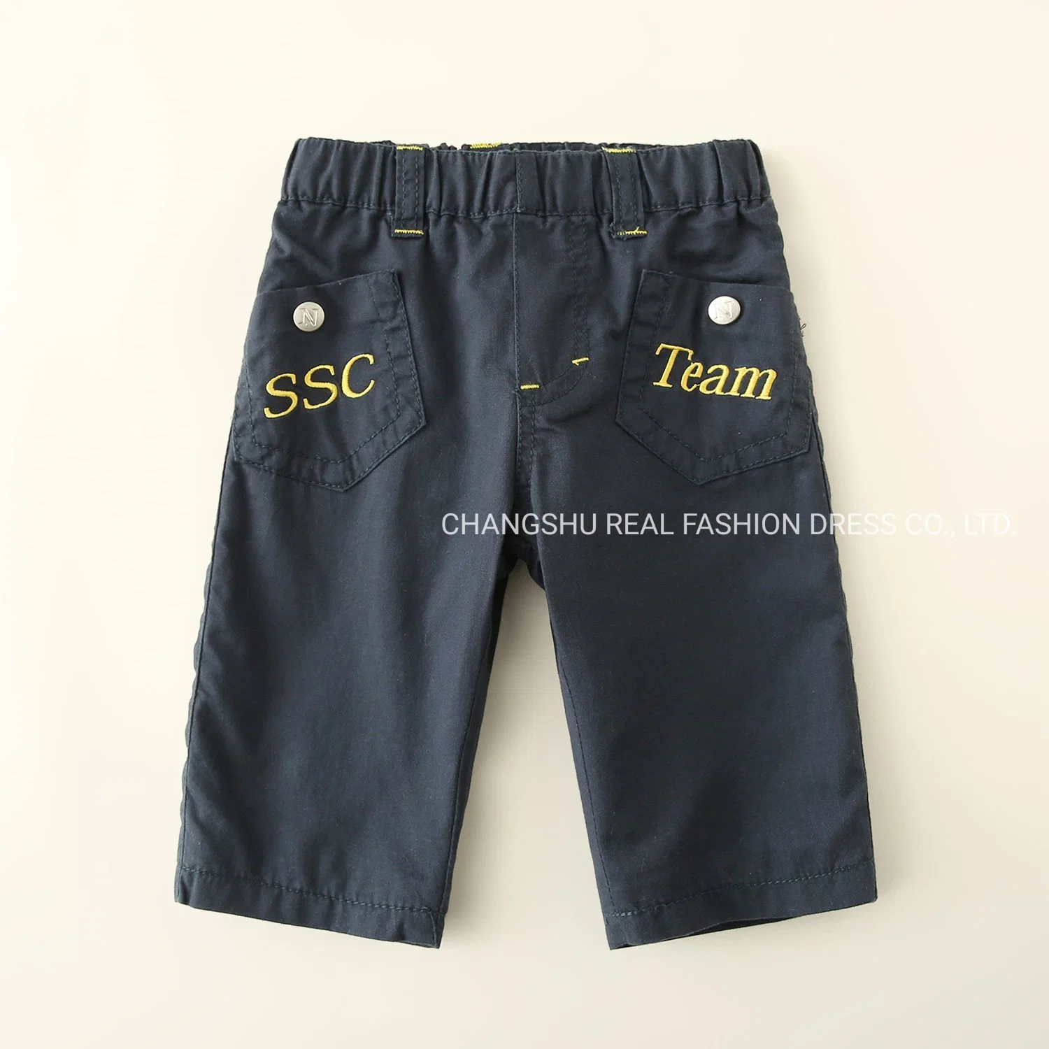 Boy Kids Dark Color Cotton Twill Pant Clothes Made of Pocket with Embroidery and Metal Button