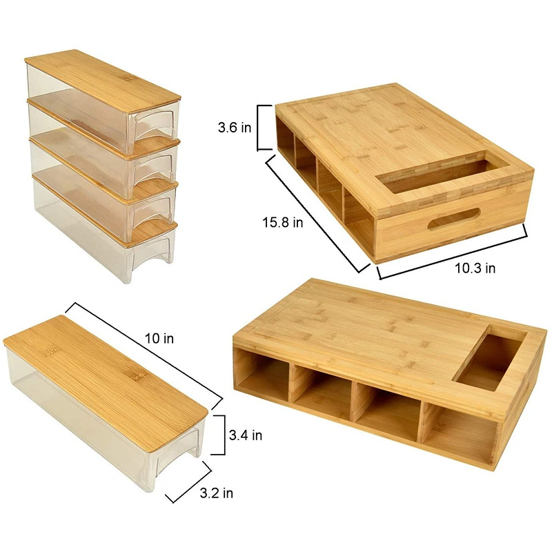 Recipiente de bambú multifunción de la Junta Tabla de cortar con cortadoras de 4 y 4 cajones con bandejas y tapas