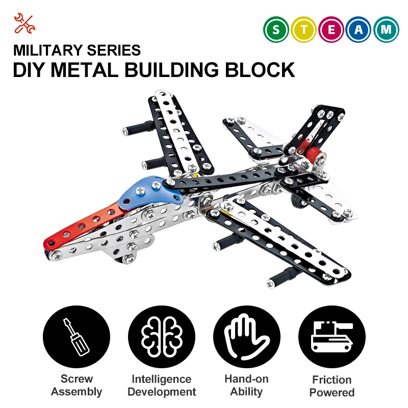 195PCS Stem Alloy War Fighter Construction Block Play Set Kids Hand-on Ability Training DIY Metal Aircraft Assembly Model Toys