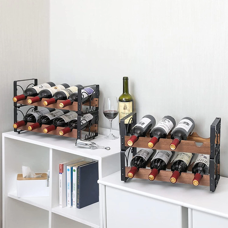 Organizador de botellas de vino de madera de 2 niveles apilable y desmontable con estante de metal premium fácil de montar