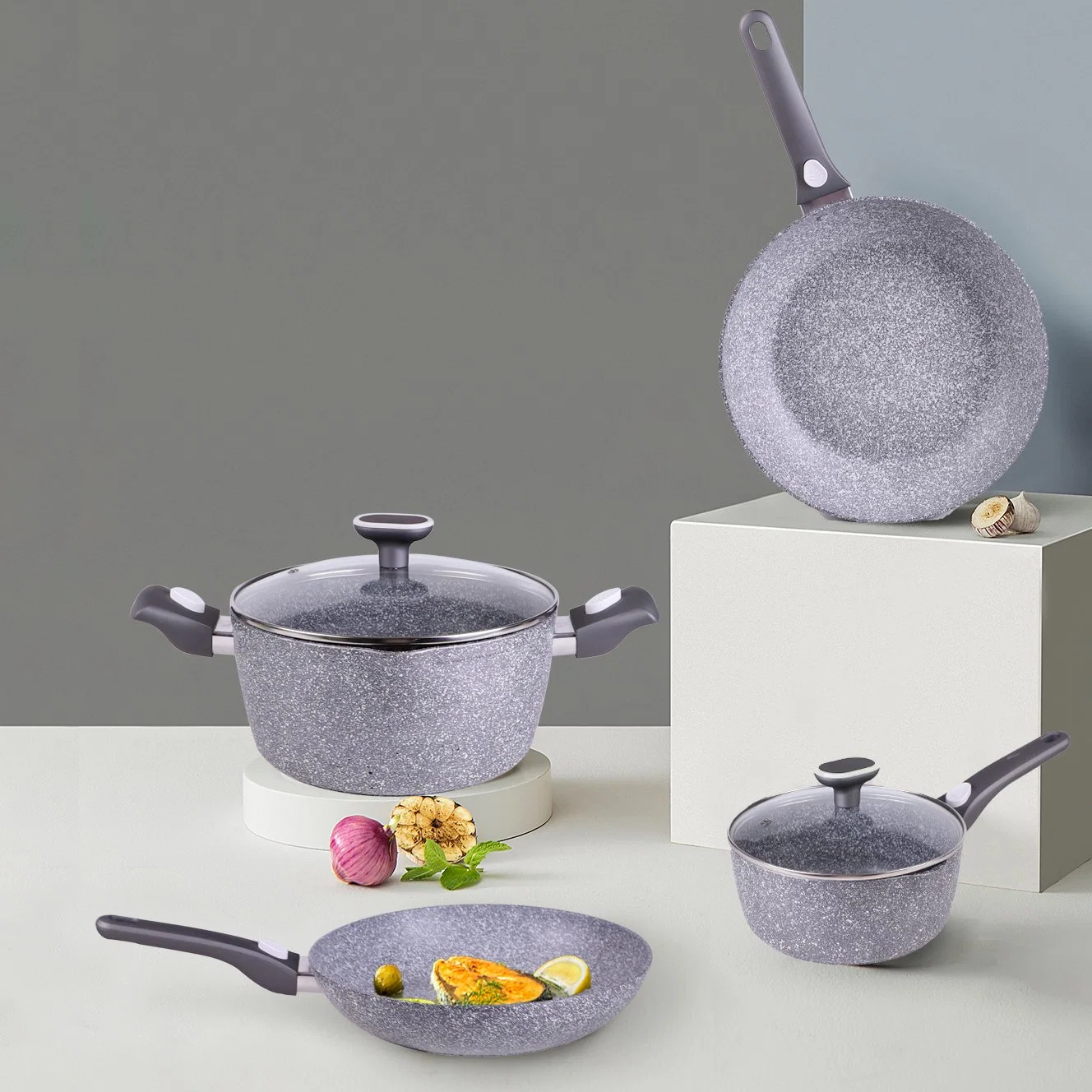 Original Factory OEM Granite Coating Aluminum Cooking Set Cookware with Removable Handle