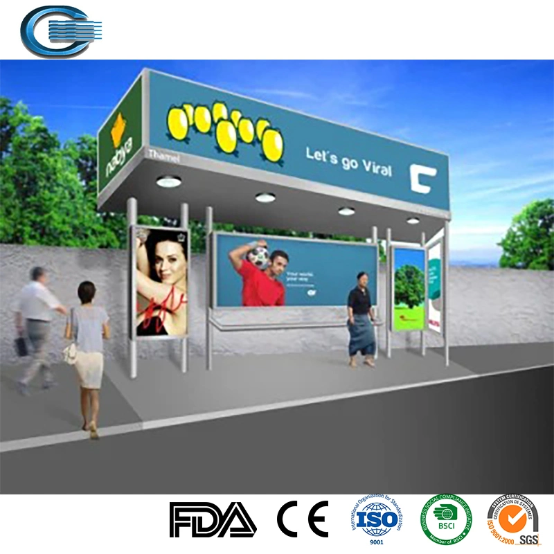 Huasheng Modern Bus Shelter China Bus Stop Glass Shelter Manufacturers Outdoor Street Furniture Bus Stop Shelter with Advertising Light Box