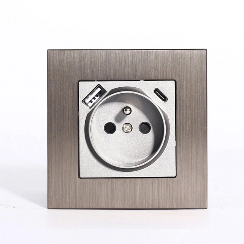 Aluminum Panel Dual USB Type a+C Europe 2p+T French Sockets