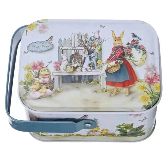 Boîte de lapin de Pâques Candy cadeau carré en métal de qualité alimentaire Boîte