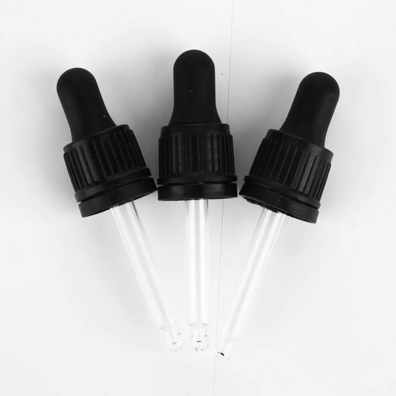 18/415 Black Essential Oil Glass Bottle Plastic Child Tamper Proof Dropper Caps with Pipette