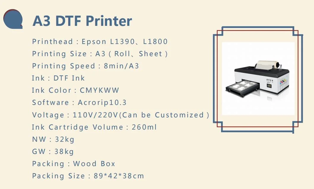 Simple, Easy to Operate, Compact A3 Dtf Printer Desktop Epson L1390 L1800 with Inks Powders Films
