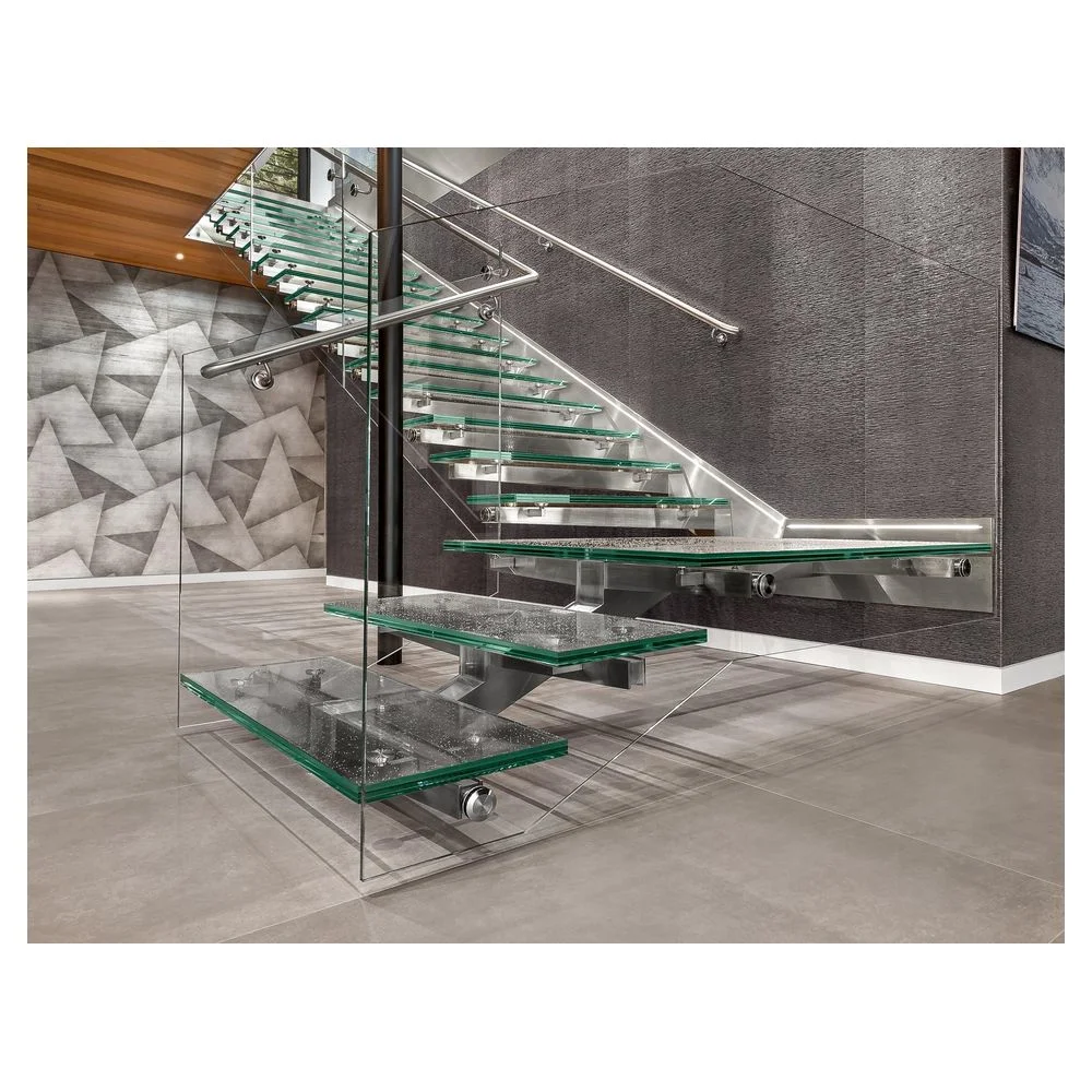 Prima Eclectic Round Household Steel and Wood Spiral Stair Central Column Glass Staircase