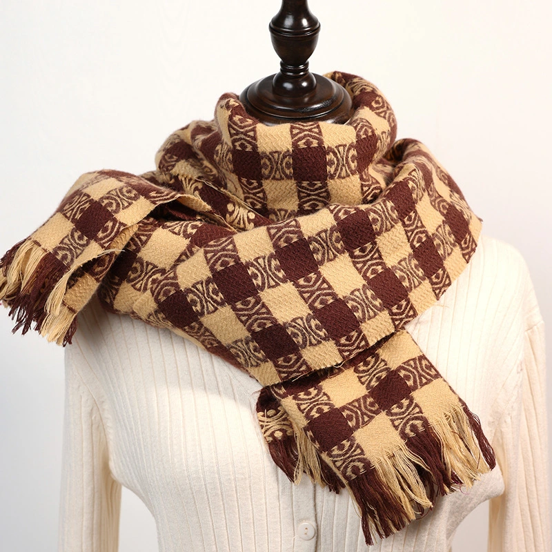 Checkerboard Sweet MID-Length Warm Shawl New Autumn and Winter Imitation Cashmere Lady Scarf