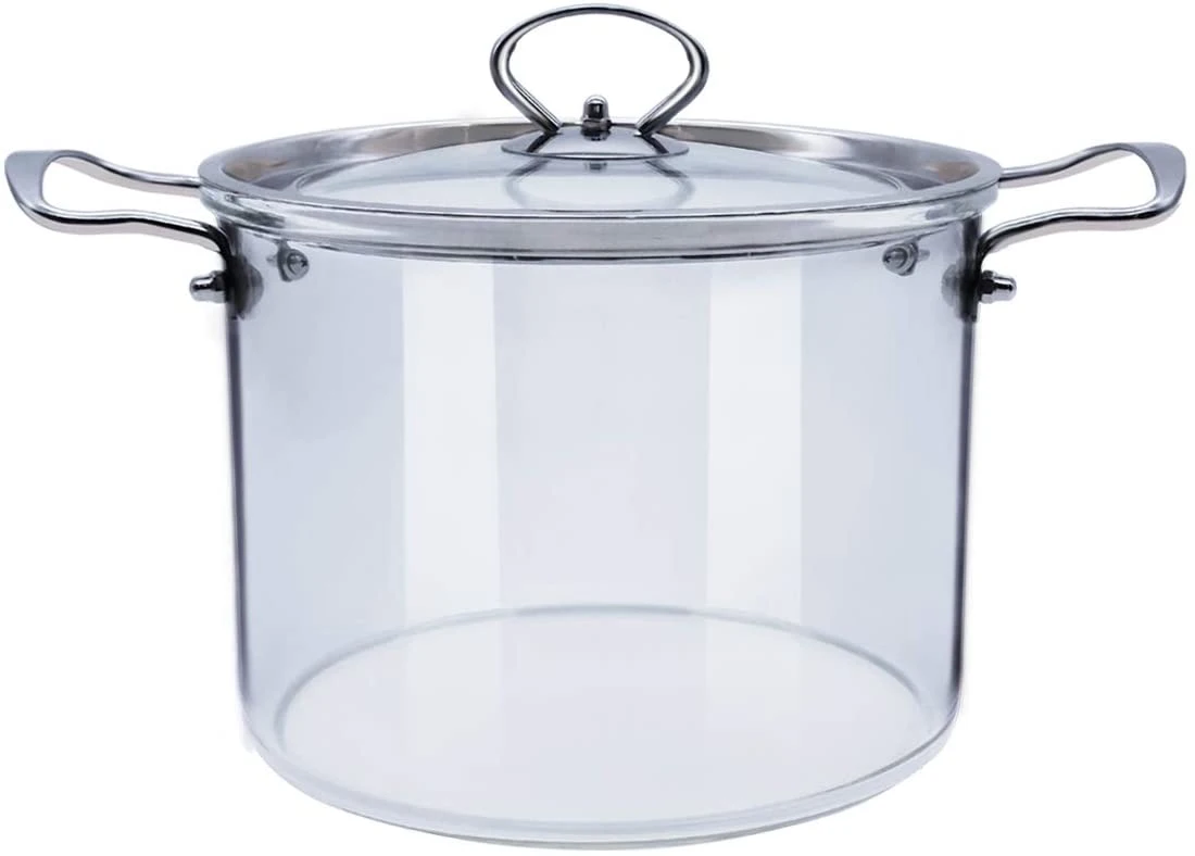 High Borosilicate Large Size 5L Glass Housewares Cookware with Stainless Steel Double-Ear Pyrex Glass Soup Noodle Cooking Pot Direct Fire Use Not Broken