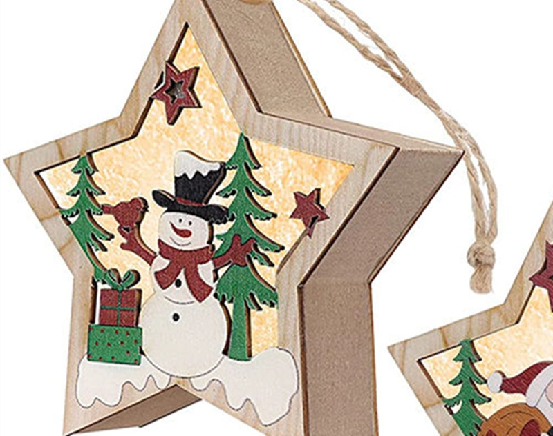 Wooden/Wood Christmas Tree Ornaments Set of 2 Stars Snowman and Santa Claus Hanging Decorations