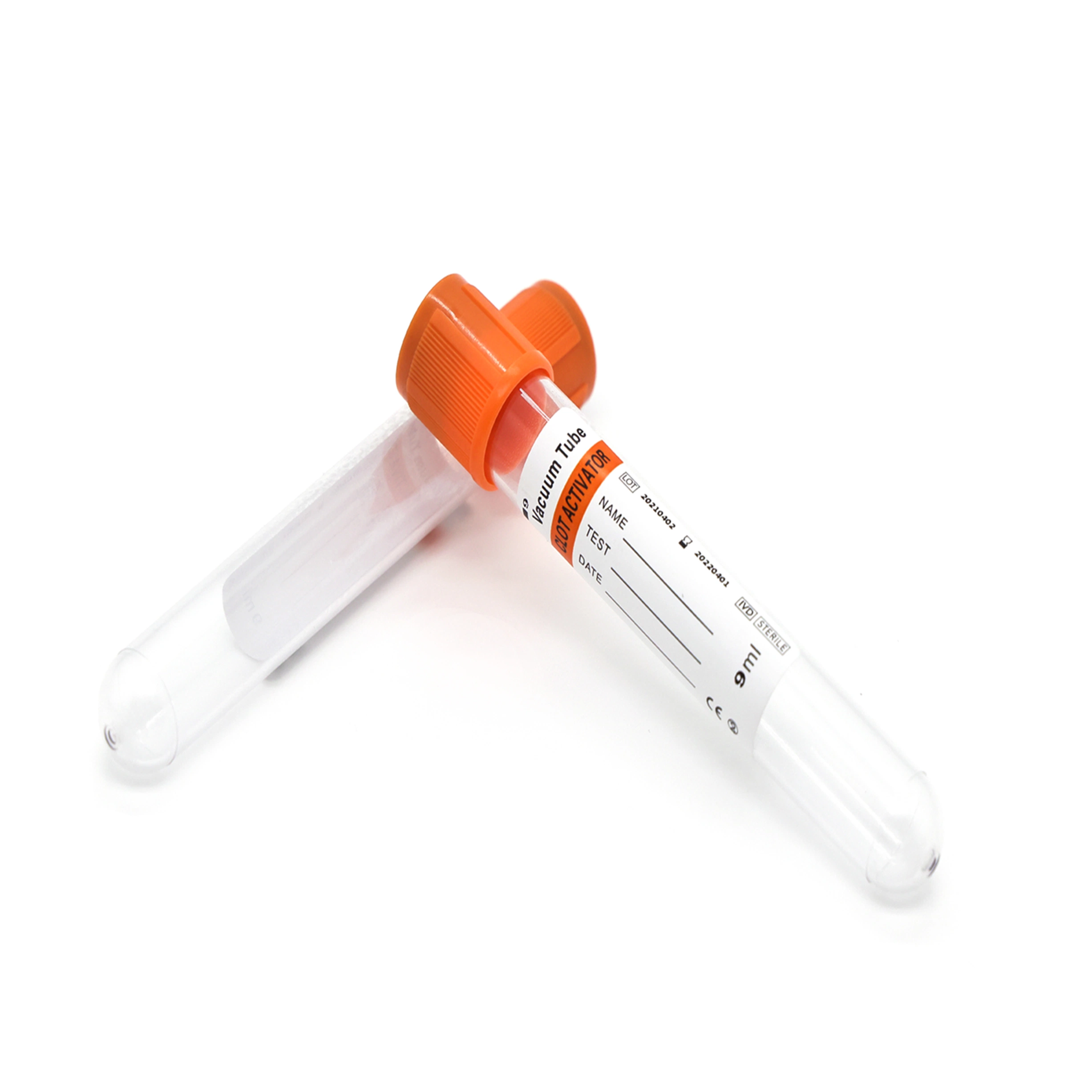 Tube de prélèvement sanguin à capuchon orange avec activateur de coagulation au citrate de sodium pour la collecte de sang.