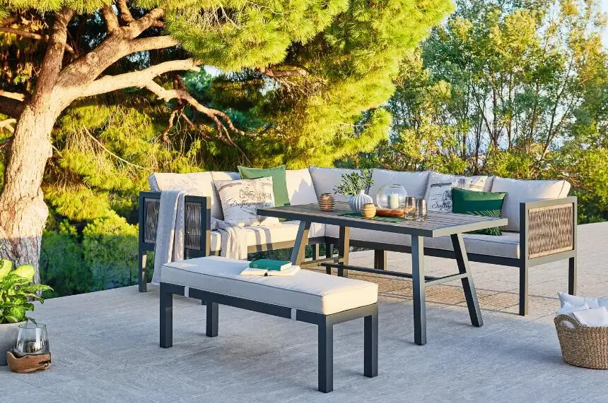 Outdoor Dining Wasserdichte Seil Möbel Set Aluminium Patio Lounge Sofa Gartenmöbeln