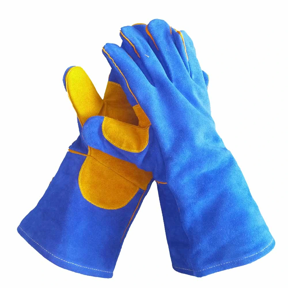 Hot Selling Sapphire Blue Double Palm Cow Split Leather Welding Gloves