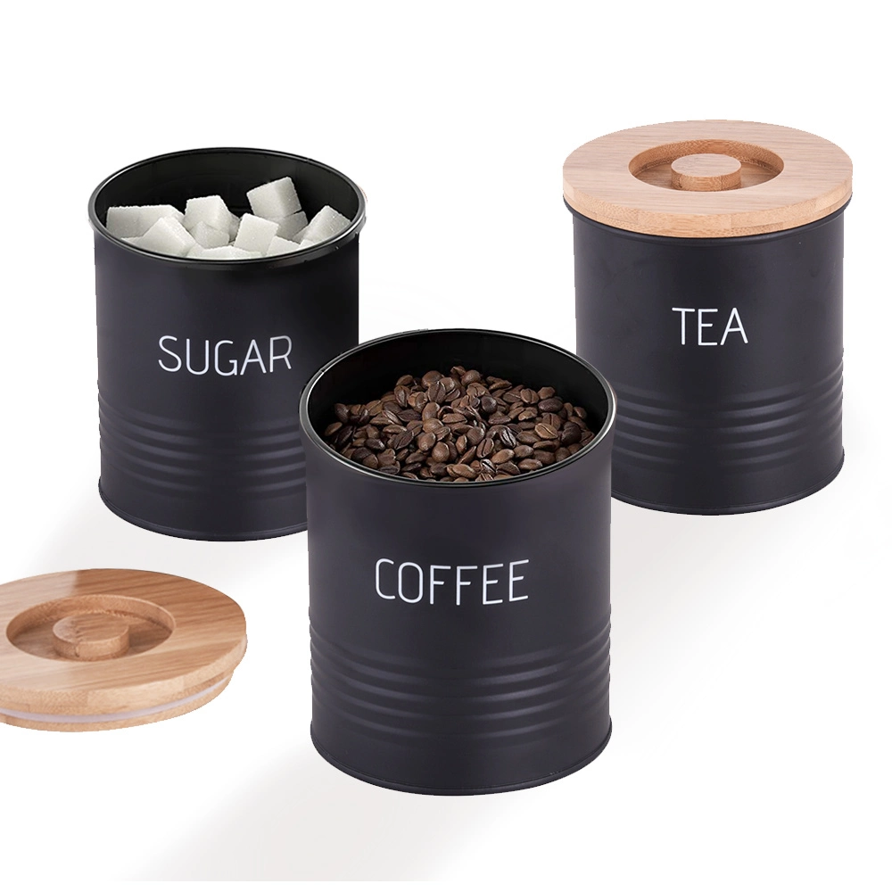 Kitchen Metal Bamboo Lid Tea Coffee Sugar Bins Set