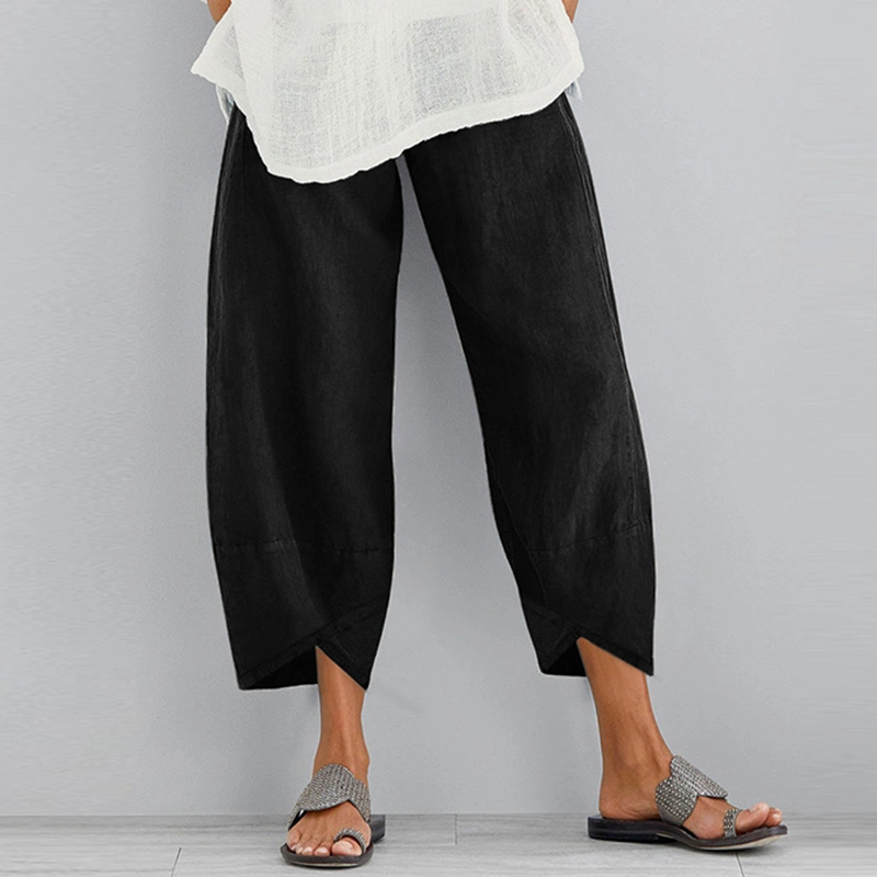 Vintage Linen Pants Women's Summer Trousers Casual Elastic Waist Asymmetrical
