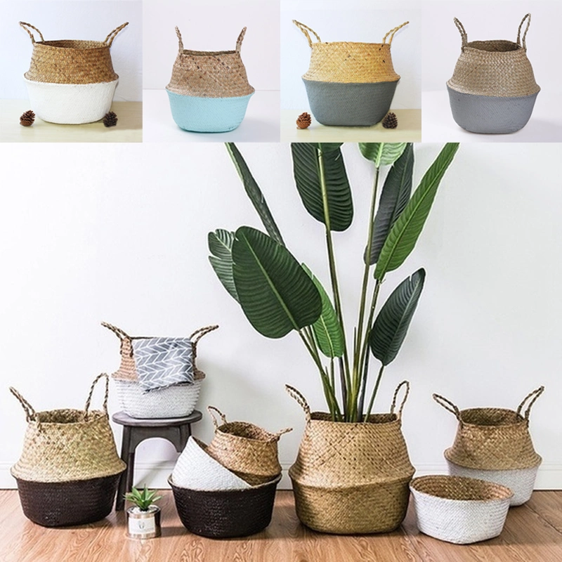 Cesto de armazenamento de tecidos artesanais Clthoes Dobrável Lavandaria cesta de vime Vime Seagrass Palha Belly Garden Flower Pot Cesto de fábrica