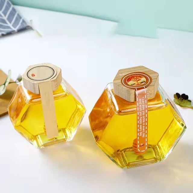 100ml 220ml 380ml Honey Comb Hexagon Flat Honey Jar Glass Bottle Storage with Wooden Cork Lids