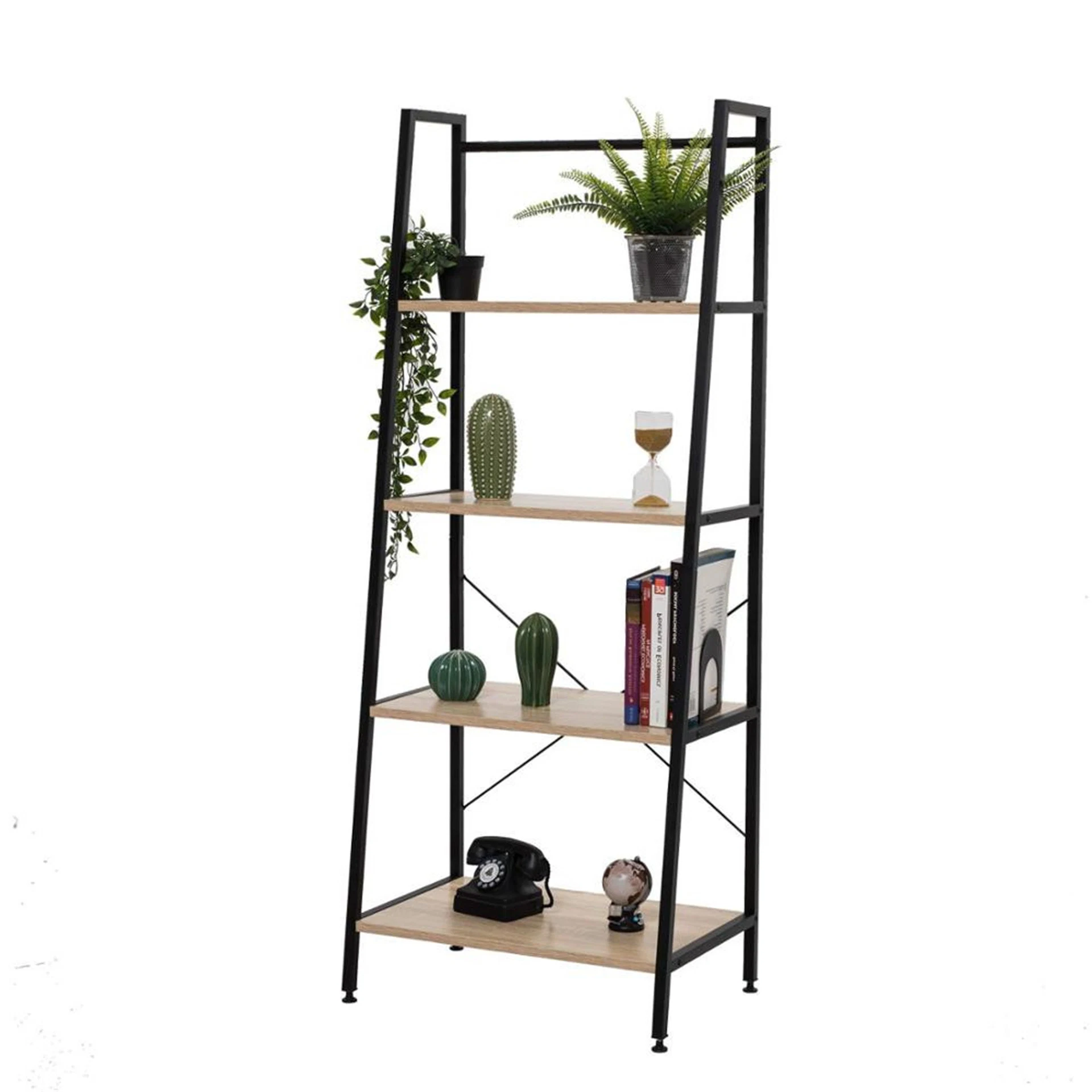 4 Tier Wooden Ladder Bookshelf Metal Frame Industrial Bookshelf Display Rack