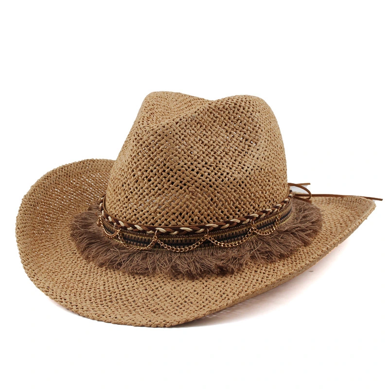 Western Cowboy Sombrero de Paja Gorro de punto de mano casual al aire libre Sol Hat Hat Vintage Jazz ala curvo