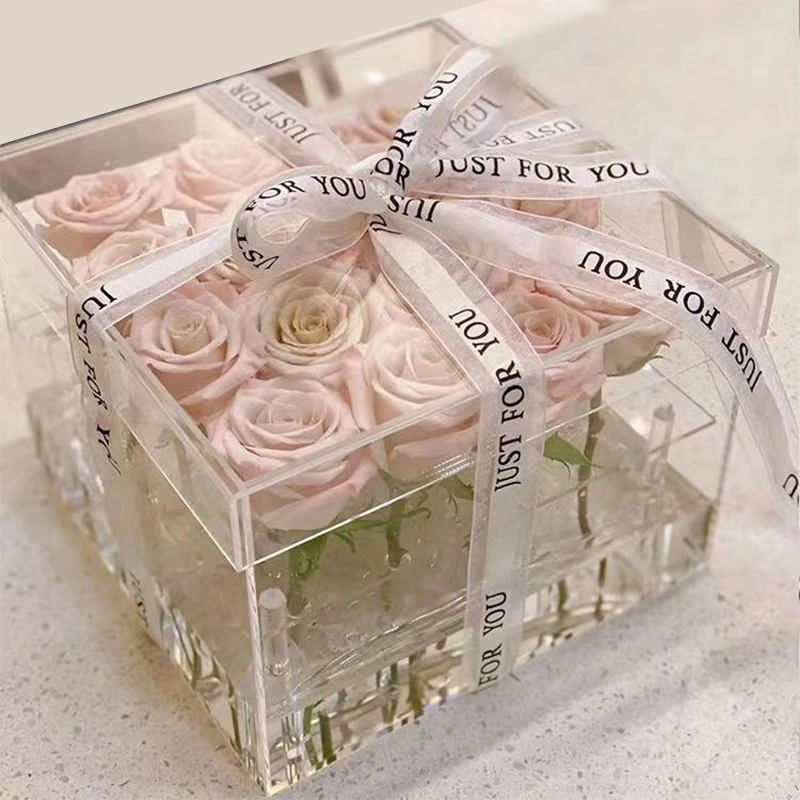 Factory Customized Square Clear Acrylic Flower Storage Boxes Acrylic Rose Gift Box