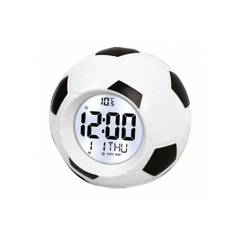 Cl073 Atacado LCD Calendário temperatura Display forma de futebol Mesa alarme Relógio