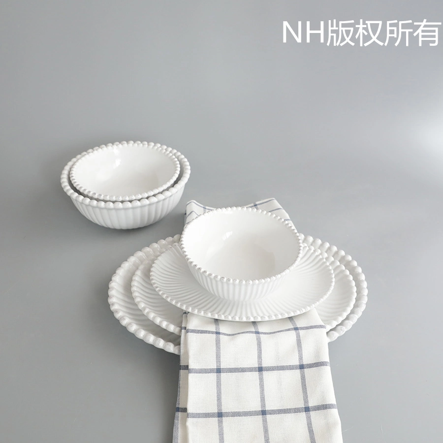 Ohere White Oval Wedding Beads Rim Ceramic Dinnerware Set Restaurant Party Porcelain Chargers Plate for Wedding Dinner Plates