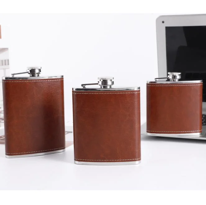 Leak Proof 18/8 Stainless Steel Pocket Hip Flask with Brown Leather Cover