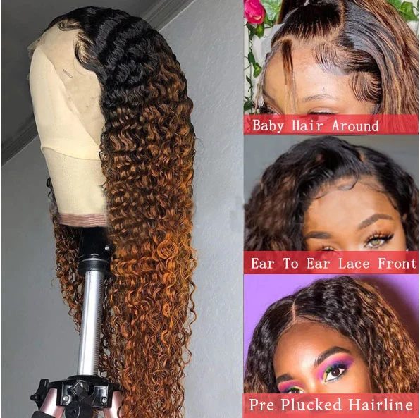 Großhandel/Lieferant Top-Qualität T-Teil Wasser Welle Wigs Ombre Curly Transparente Spitze Front 100% Human Remy Haar Pre-Zupfined HD Spitze Perücken