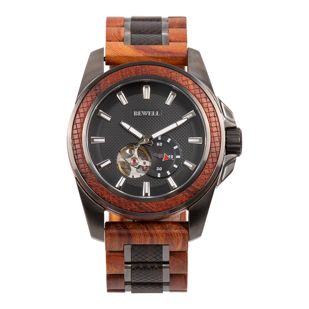 Bewell New Arrival Wholesale/Supplier Luxury Stainless Steel with Wood Case and Strap 3ATM Water Resistant Men Wood Automatic Watch