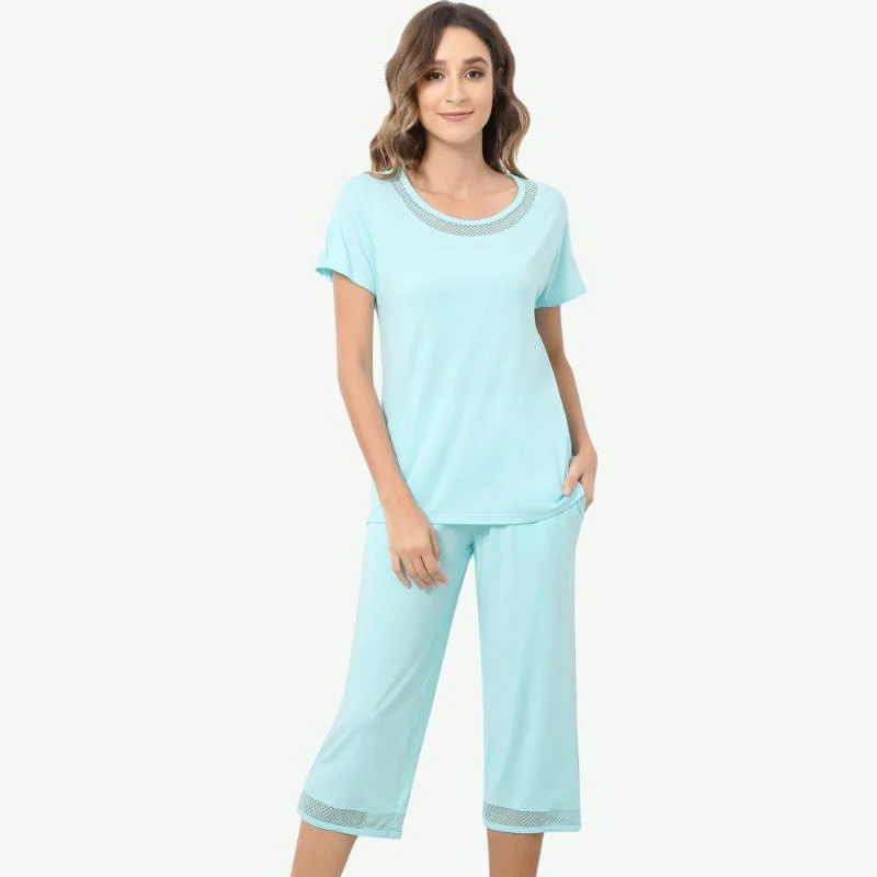 Wholesale/Supplier Custom Short Sleeve Women Beautiful Lace Knitted Bamboo Cotton Pajama Sets