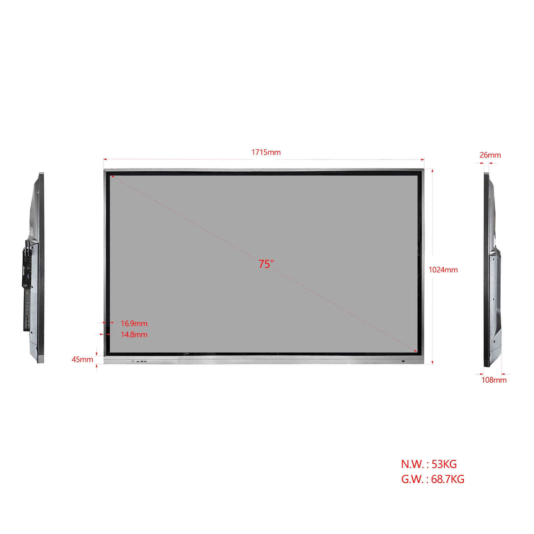 75inch LCD Wall Mounted Touch Screen Display Education and Conference Digital Whiteboard