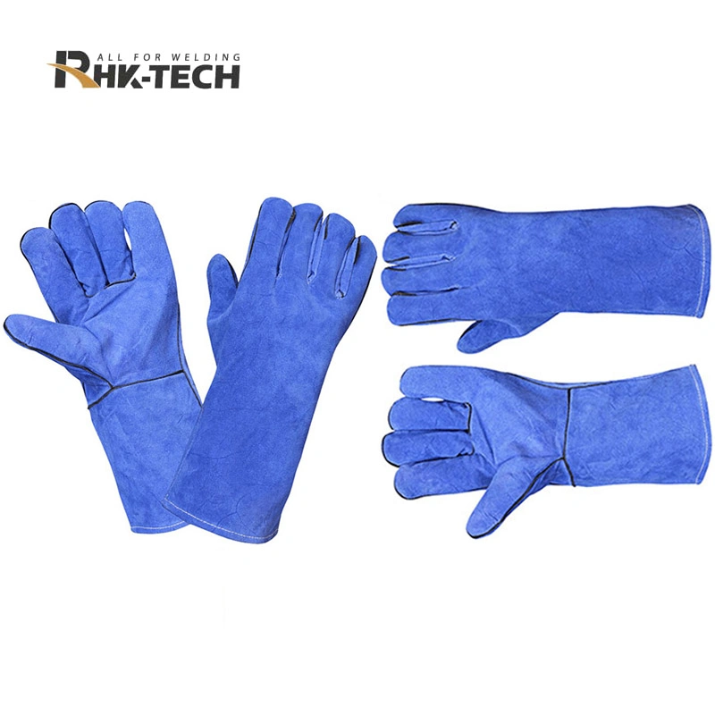 Hot Sale Labour Protective 14 Inch Cow Split Leather Heat Resistant Protective Blue Welding Gloves