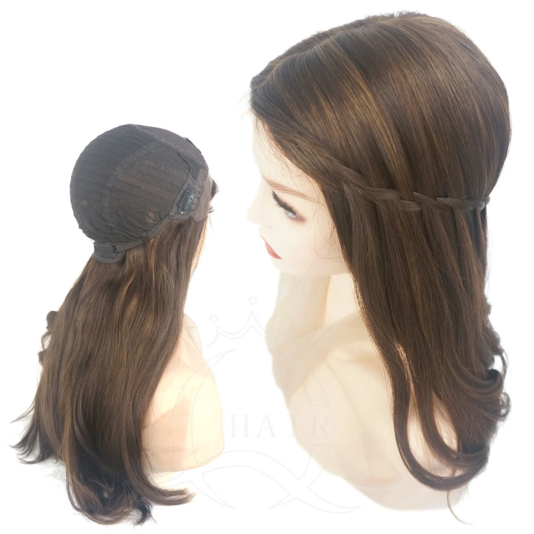 C18 Inch High quality/High cost performance Virgin Hair Made Brown with Highlight Simulated Scalp Silk Top Kosher Jewish Wigs Kosher Wigs Sheitels Wigs Heavy Density