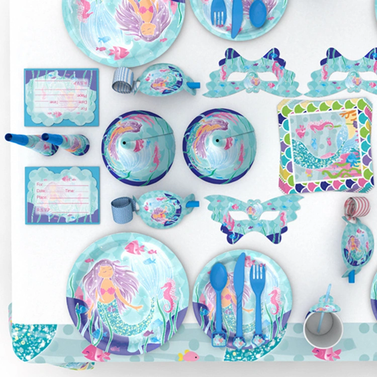 Latest Design Mermaid Theme Disposable Tableware Party Decorations Paper Plate Set