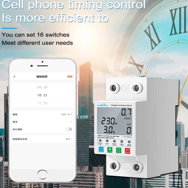 2pole DIN Rail WiFi Reclosing Over&Under-Voltage Protector Over Current&Leakage Protection Kw/H Meter Tuya Control DIN Rail