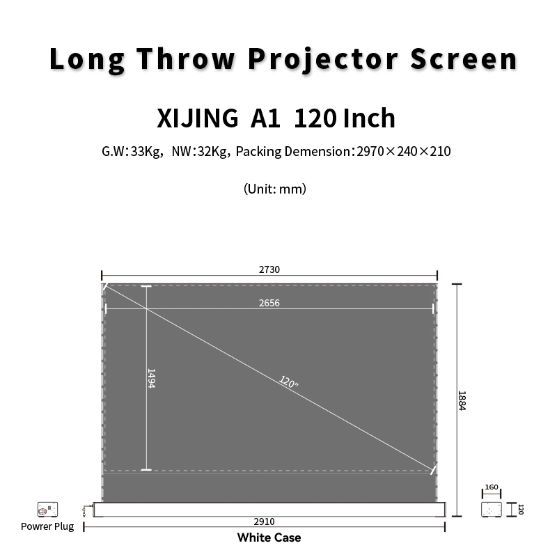 شاشة عرض محمولة للسينما المنزلية Xijing A1 بقياس 120 بوصة ومحرك كهربائي ودقة 4K 8K Obsidian Long Throw Alr Projection Floor Rising Projector Screen