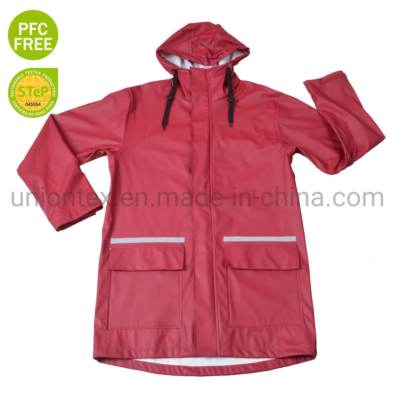 Ladies Fwaterproof Coat Fashion PU Rain Clothing with Hoodies