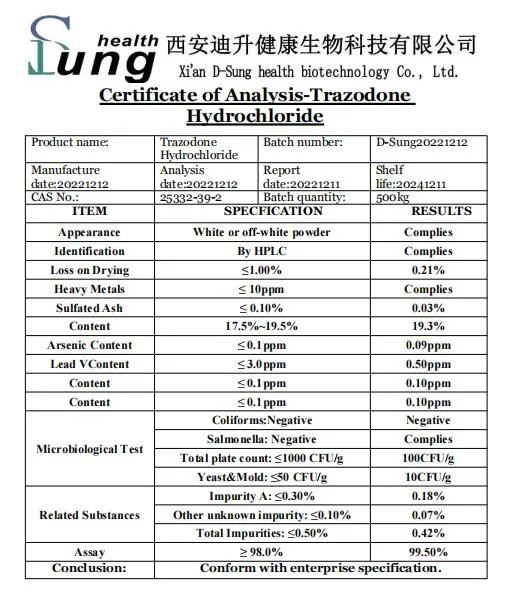 API Raw Material Trazodone Hydrochloride Antidepressant Trazodone HCl Powder Purity Trazodone Hydrochloride