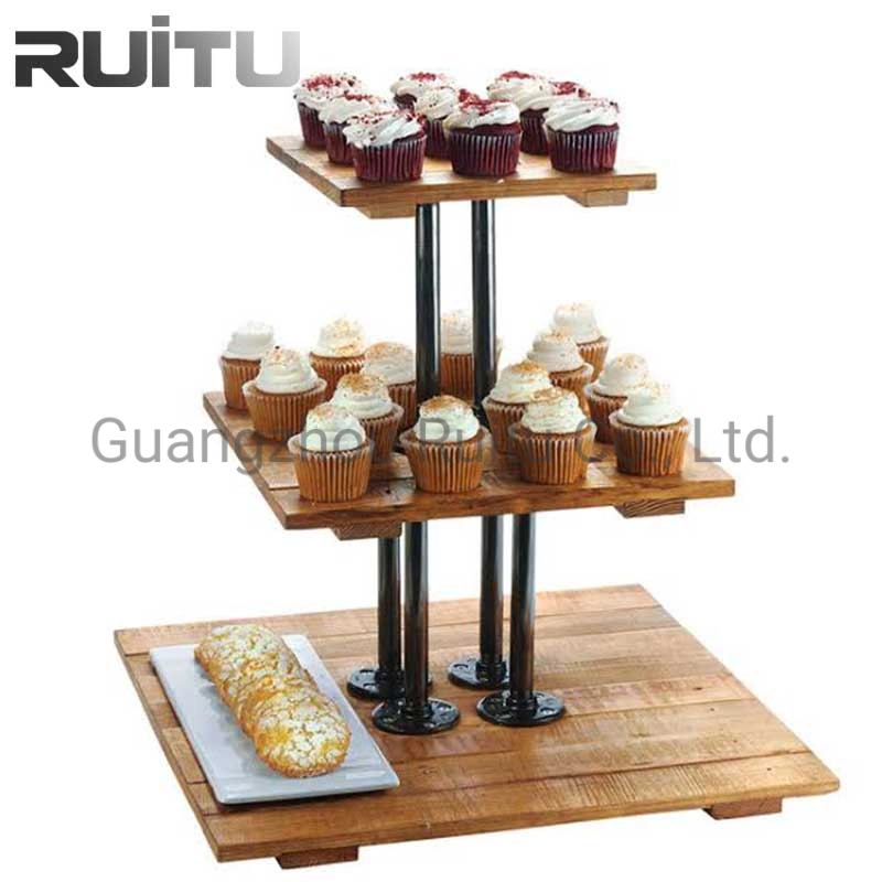 Banquetes Hotel Buffetware Cupcake pedestales de acero inoxidable de mostrar la tabla de madera Mostrar el Equipo de Decoración de postres Catering Comida Buffet elevadores