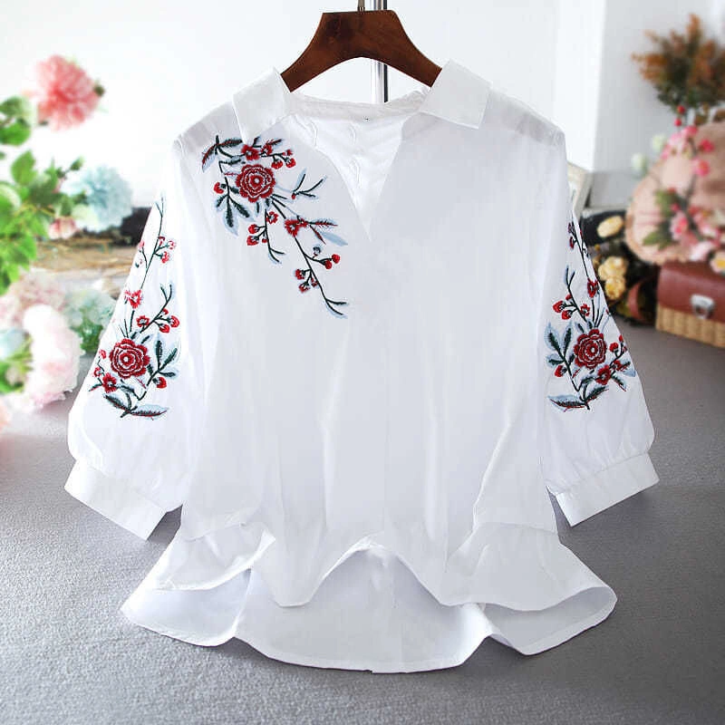 2020 летние тенденции моды женщин вышитый рубашечным воротником Lantern-Sleeve блуза